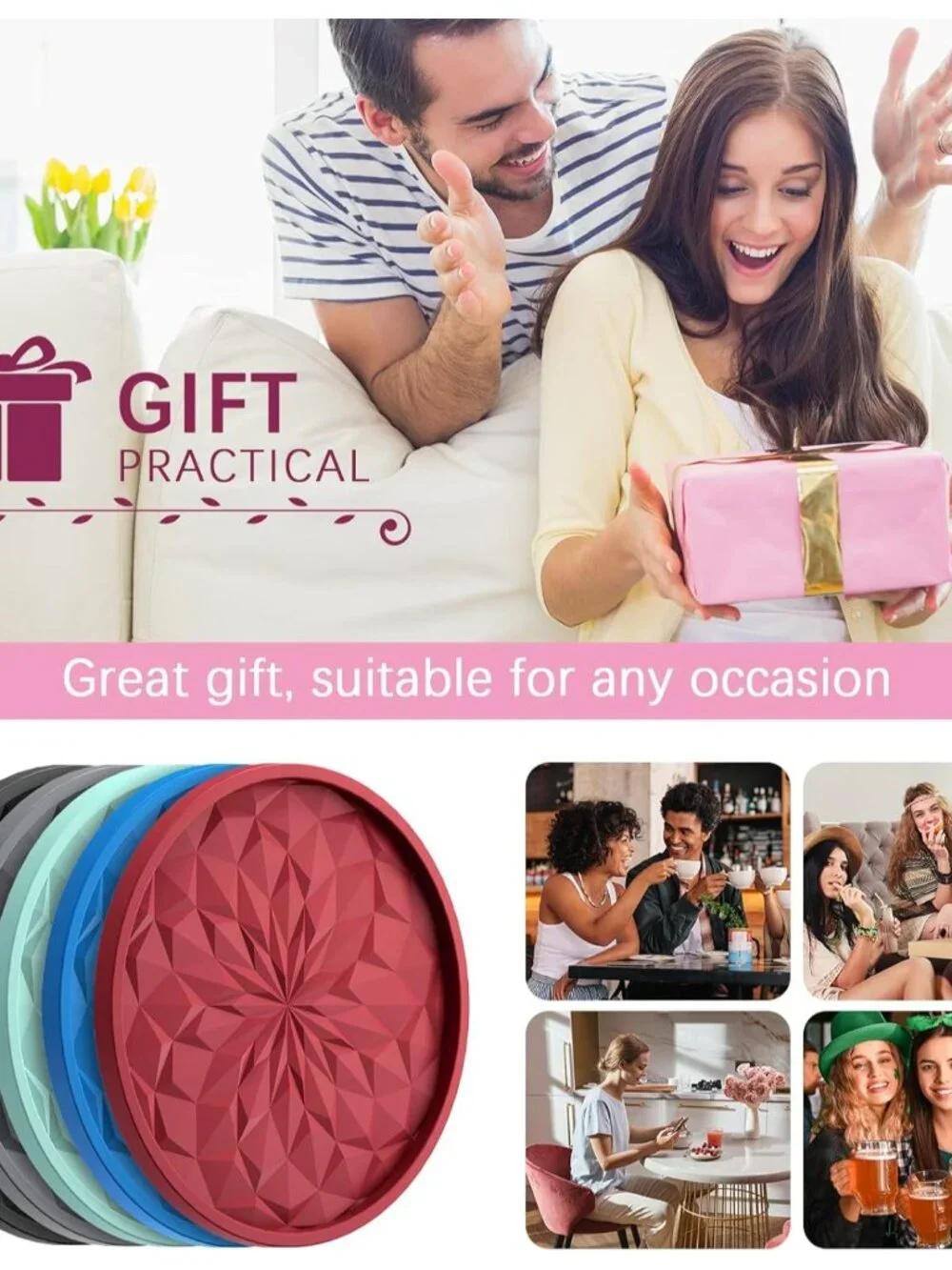 Silicone Coasters with Holder,[6 Pack] Drinking Coasters - Cup Mat for Hot or Co